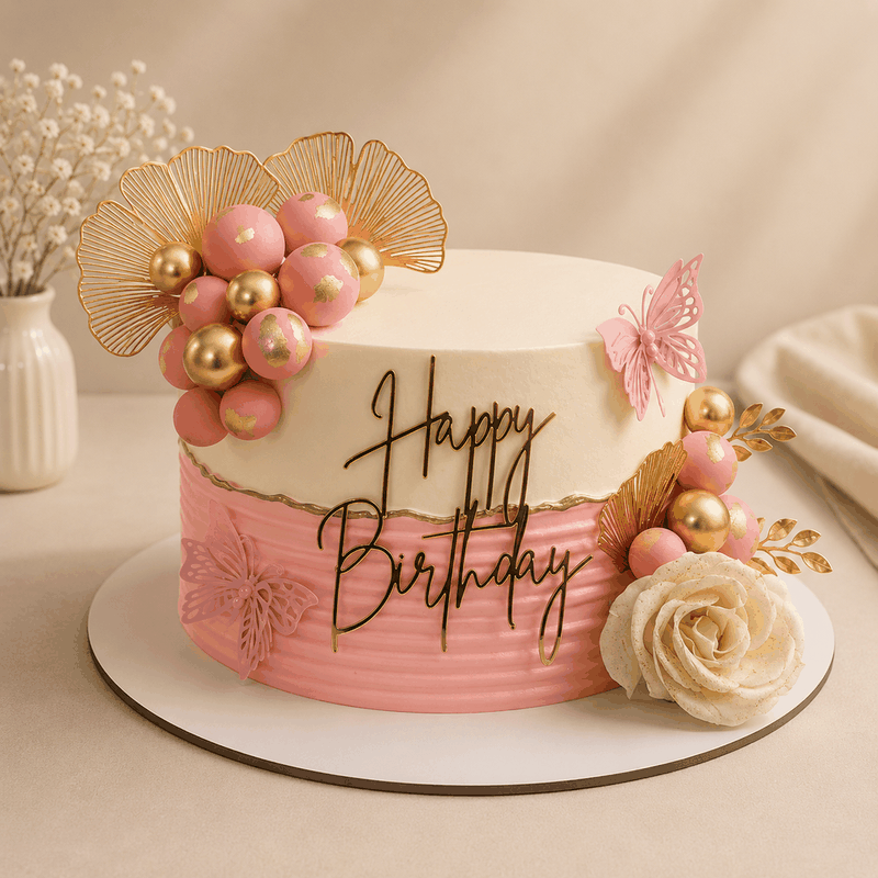 Cumpleaños Dorado & Flores - Torta Personalizada Cherry
